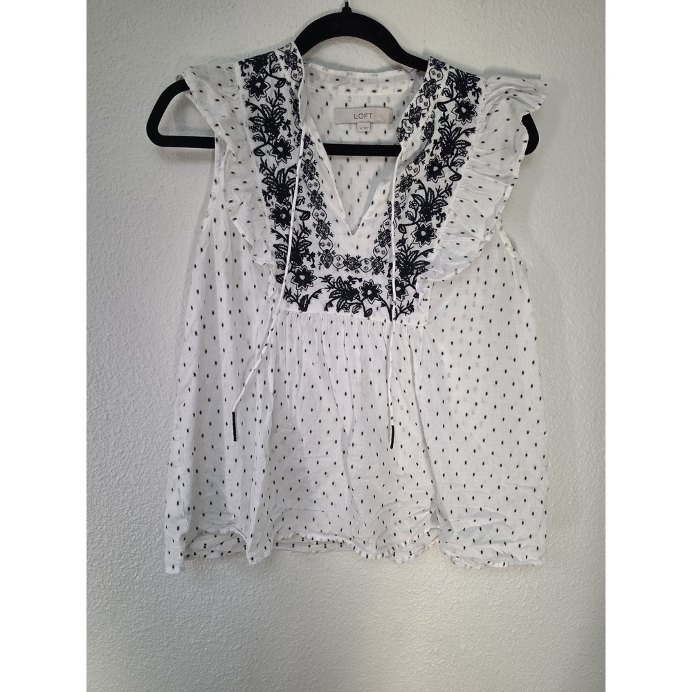 LOFT Blouse Womens M White Black Polka Dot V-Neck Short Sleeve Cotton Boho Top